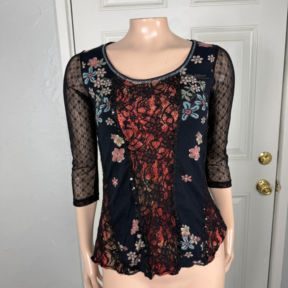 Vintage Y2k Edista Shirt S Baby Tee Lace Sleeve Sheer top Floral Boho USA KK24